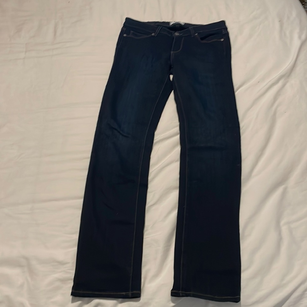 PAIGE dark wash bootcut jeans.